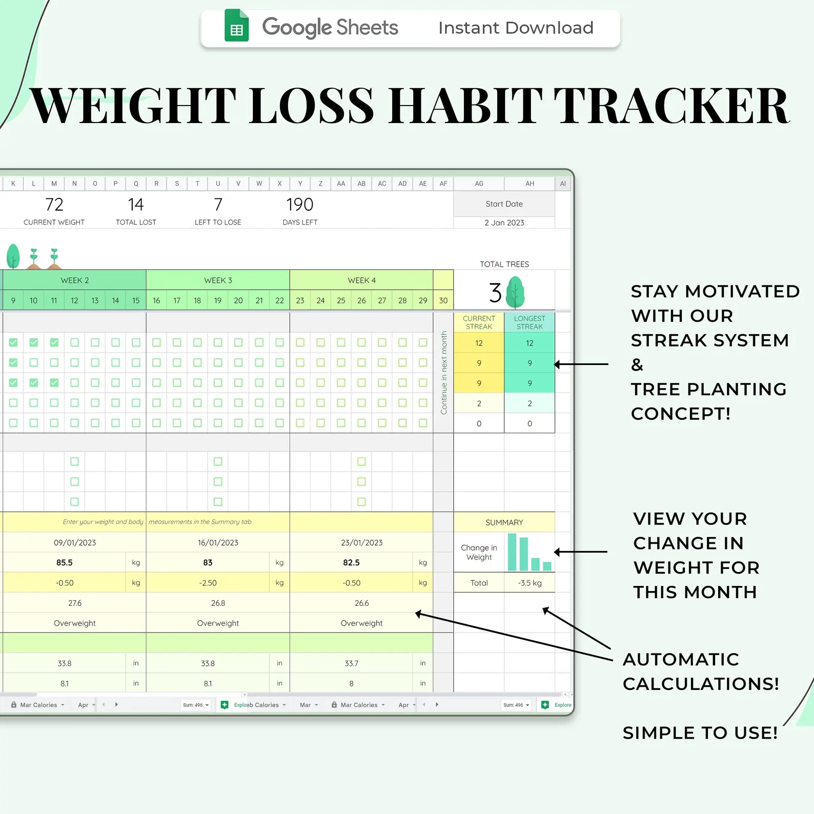 Weight Loss Habit Tracker with streaks and trees